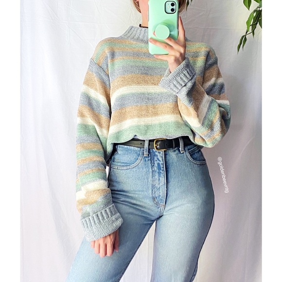 Vintage Sweaters - 🌿 Vintage Pastel Striped Chenille Woven Knit NWT